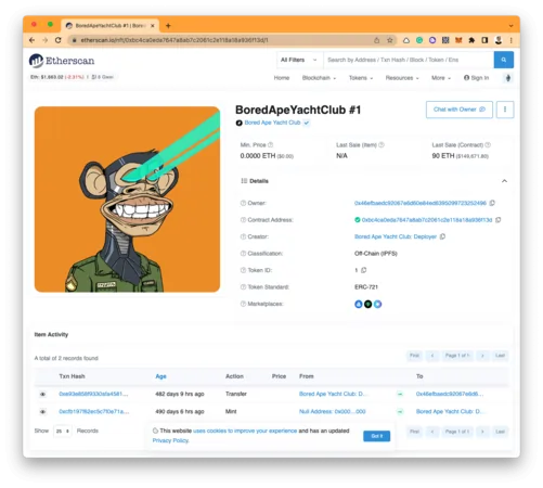 Bored Ape #1 on Etherscan