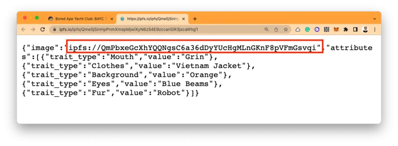 The NFT metadata on IPFS