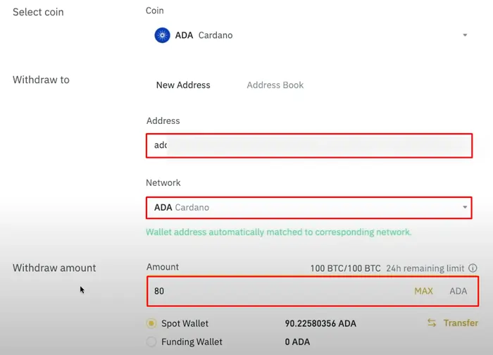 Transferring ADA from Binance to Nami Wallet