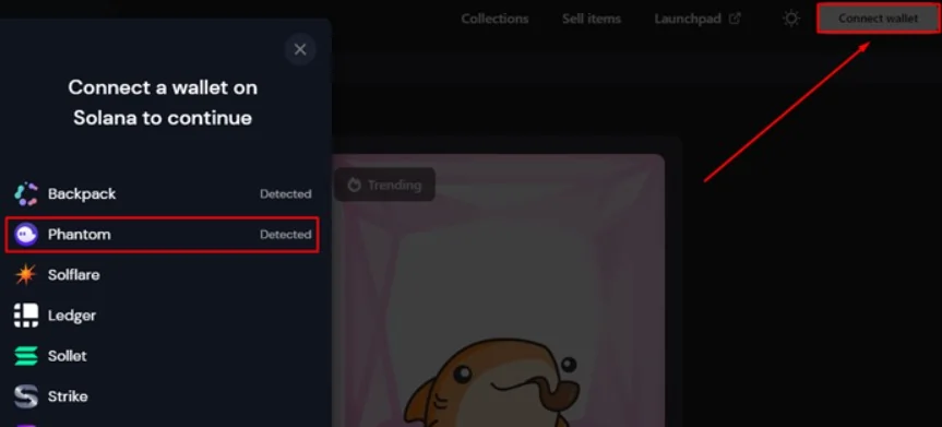 Connecting a wallet to Solanart