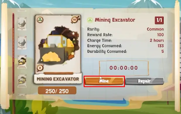 Mining gold with an excavator on Farmers World