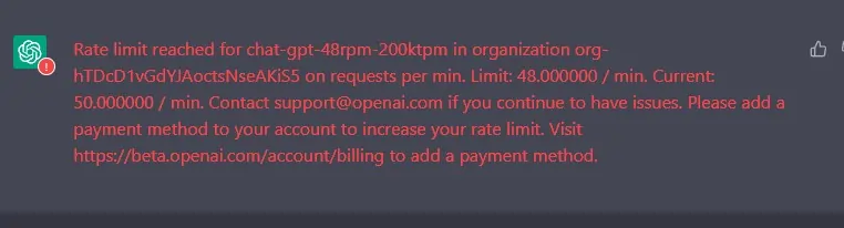 ChatGPT rate limit and payment method bug