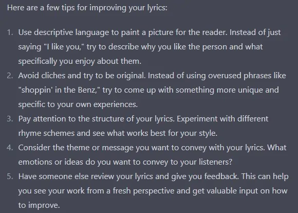 ChatGPT's gives tips on lyrics
