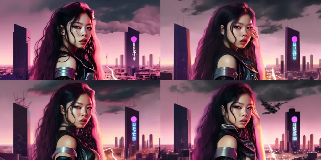Jennie from Blackpink with a cyberpunk background generated by Midjourney