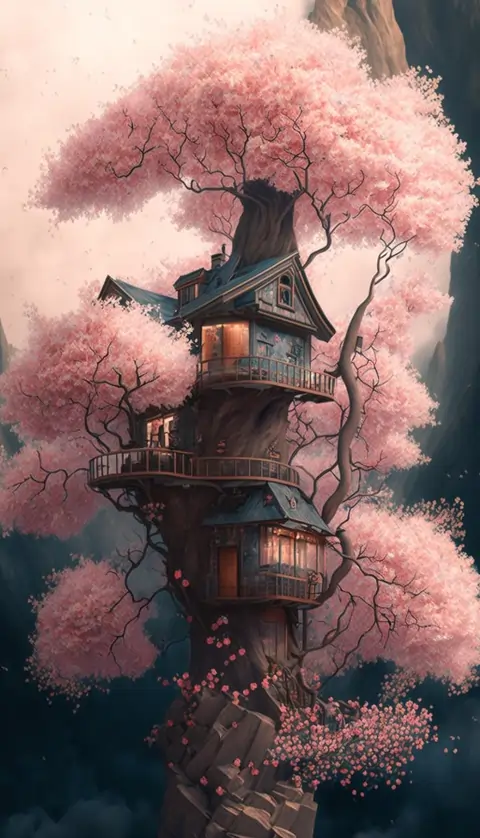A tree house within a cherry blossom tree