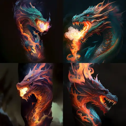 a flash tatoo of a long dragon blowing fire