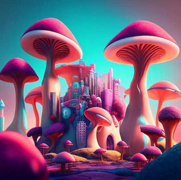 a digital painting of a mushroom city