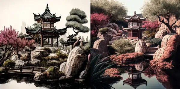 A Chinoiserie Chinese garden with a background of rock and pagoda