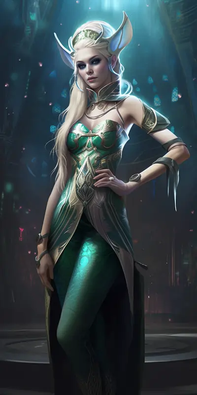 Female elf with blonde hair and green dress