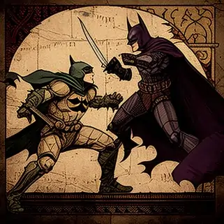 A medieval illustration of Batman fighting Batman