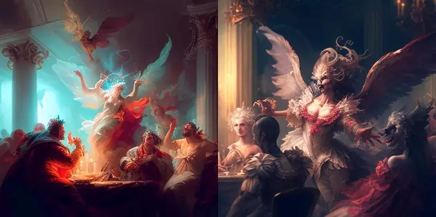 Angels and demons partying, Rococo art