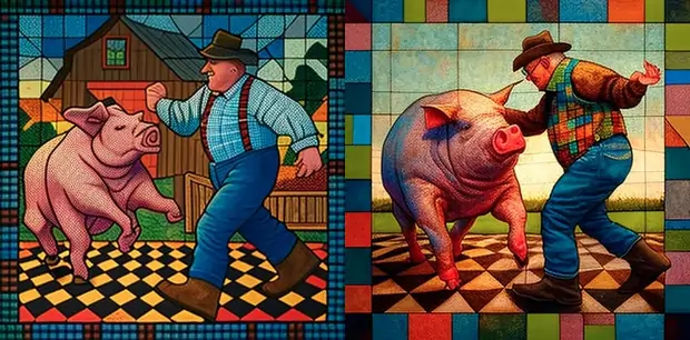 Farmer dancing with pig, quilt art