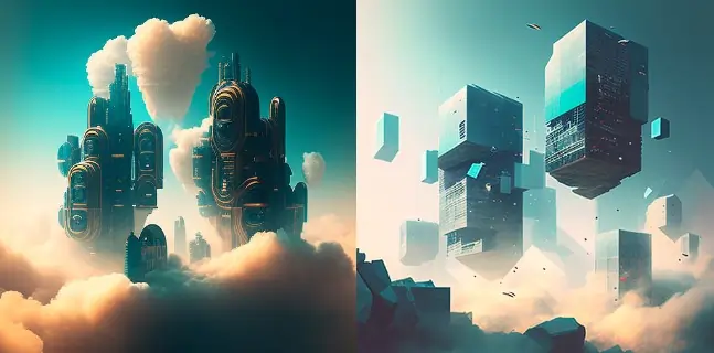 Futuristic city blocks float in sky, Vapor Deposition