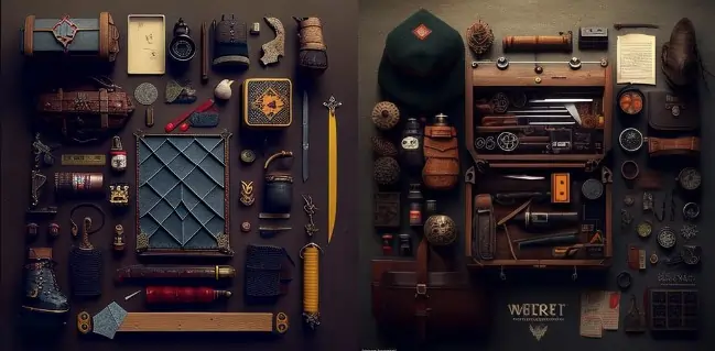 Knolling of a witcher's toolbox and gear