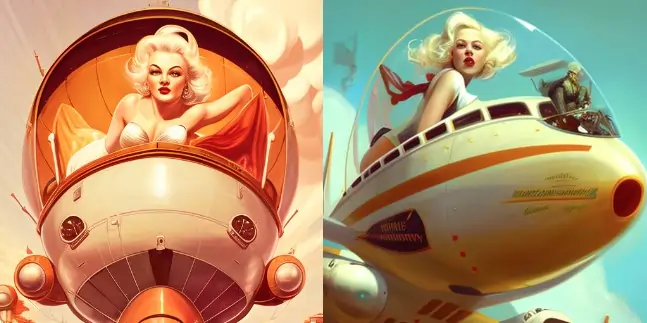 Marilyn Monroe riding airship, retrofuturism