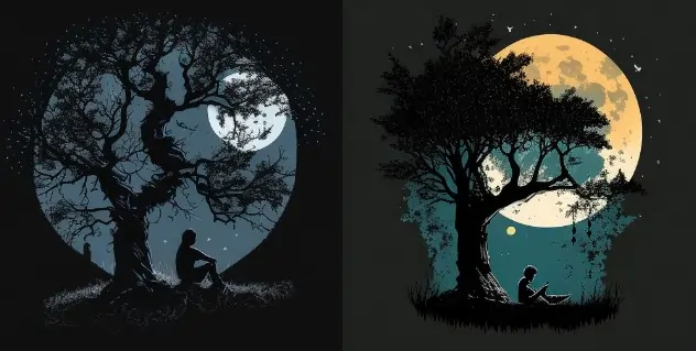 Poet sitting by the tree in the moonlight, Negative Space
